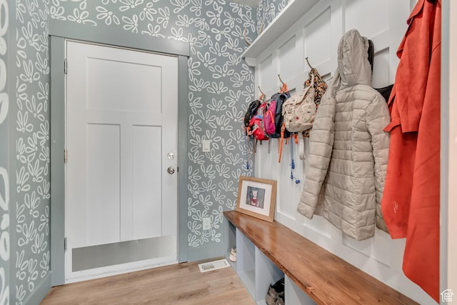 342 W Royal Land Dr, Santaquin, UT 84655 - mudroom featuring wallpapered walls and wood finished floors
