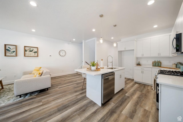 762 E Gables St S Unit 101, Midvale, UT 84047 - kitchen featuring stainless steel appliances, light wood finished floors, light countertops, open floor plan, and pendant lighting