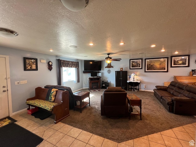 251 N 580 W, Monroe, UT 84754 - living area with light carpet, a textured ceiling, a ceiling fan, light tile patterned floors, and recessed lighting