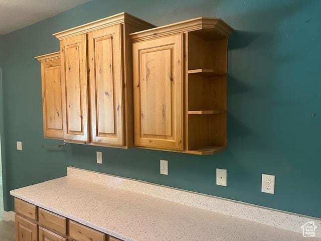 5298 W Icehouse Way, West Jordan, UT 84081 - kitchen featuring light countertops, light brown cabinetry, and open shelves
