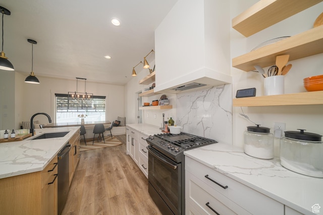 142 N 1100 E, Hyde Park, UT 84318 - kitchen featuring open shelves, black gas range, dishwasher, light wood finished floors, and recessed lighting
