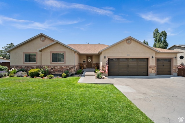 2188 E Country View Ln, Cottonwood Heights, UT 84121 - ranch-style house featuring stone siding, concrete driveway, an attached garage, stucco siding, and a front lawn