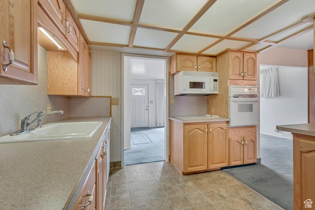 109 W 900 S, Bountiful, UT 84010 - kitchen with white appliances, light countertops, light brown cabinetry, and light carpet
