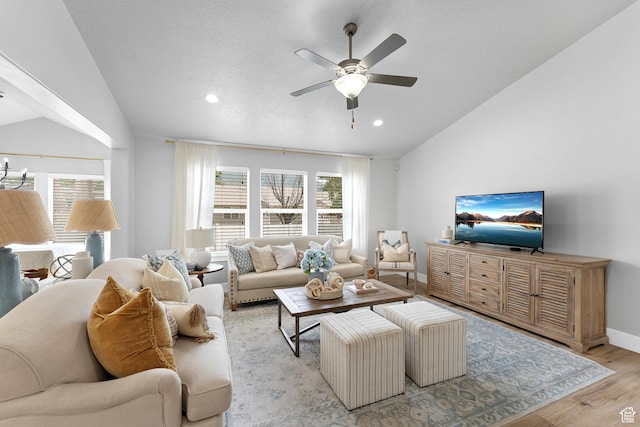 693 S 860 E, Spanish Fork, UT 84660 - living room with lofted ceiling, light wood-style flooring, a ceiling fan, and recessed lighting