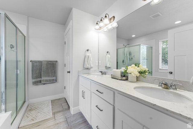 693 S 860 E, Spanish Fork, UT 84660 - full bathroom with double vanity, a shower stall, and recessed lighting