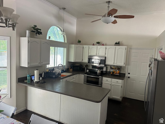 1145 N 560 W, Orem, UT 84057 - kitchen featuring stainless steel appliances, a peninsula, white cabinetry, ornamental molding, and a high ceiling