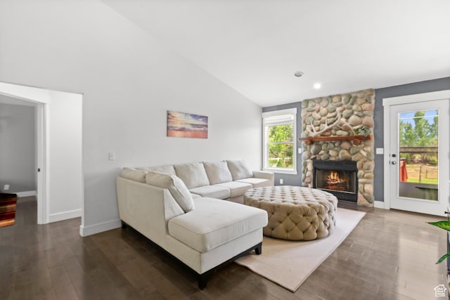 325 W Burgi Ln, Midway, UT 84049 - living area with wood finished floors, lofted ceiling, a stone fireplace, and recessed lighting