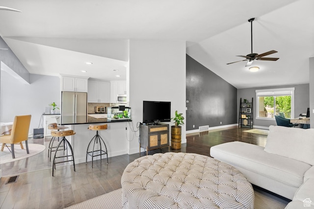 325 W Burgi Ln, Midway, UT 84049 - living area featuring dark wood-style flooring, a ceiling fan, high vaulted ceiling, and recessed lighting