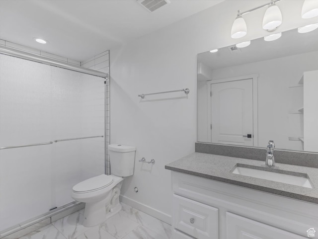 1907 E Brooklyn Cir N, Saratoga Springs, UT 84045 - full bath featuring vanity, a shower stall, marble finish flooring, and recessed lighting