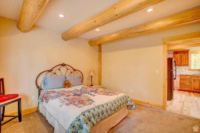 556 N Half Circle Dr, Brian Head, UT 84719 - bedroom featuring freestanding refrigerator, recessed lighting, beamed ceiling, and light carpet