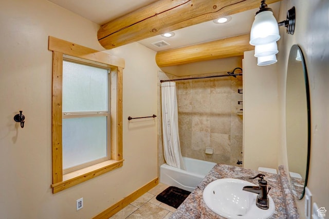 556 N Half Circle Dr, Brian Head, UT 84719 - bathroom featuring recessed lighting, shower / bath combination with curtain, tile patterned floors, and vanity