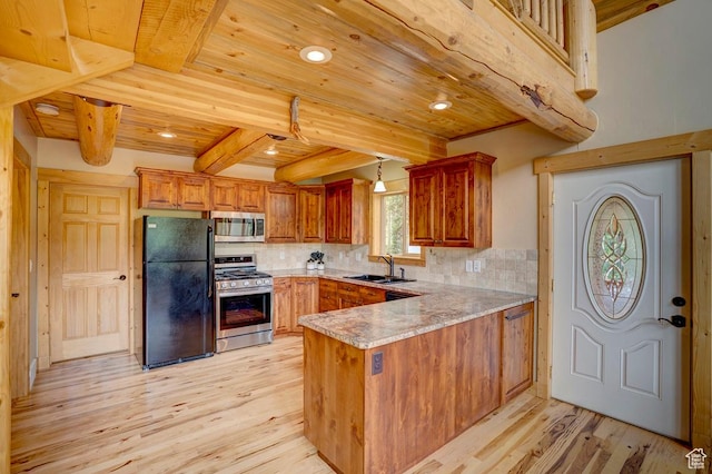 556 N Half Circle Dr, Brian Head, UT 84719 - kitchen featuring appliances with stainless steel finishes, a wood ceiling with exposed beams, a peninsula, light wood-style floors, and backsplash