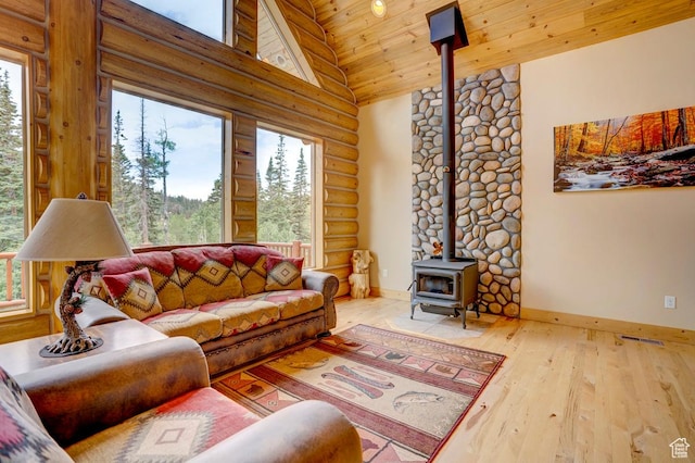 556 N Half Circle Dr, Brian Head, UT 84719 - living room with a wood stove, log walls, high vaulted ceiling, hardwood / wood-style floors, and wooden ceiling