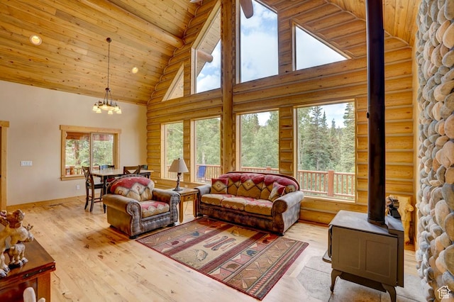 556 N Half Circle Dr, Brian Head, UT 84719 - living room with high vaulted ceiling, wood ceiling, a wood stove, a chandelier, and wood finished floors
