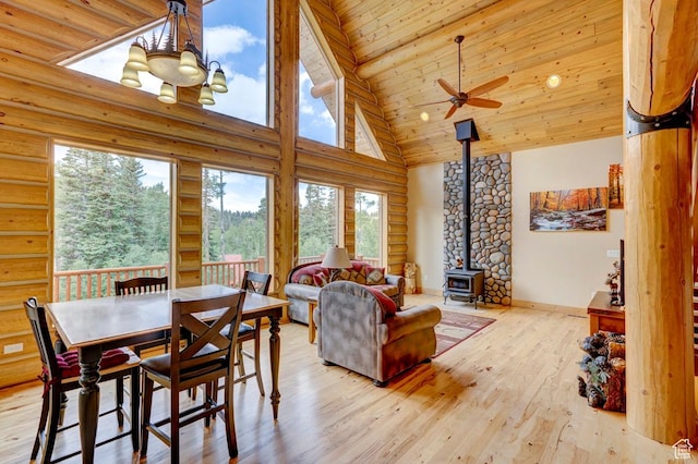 556 N Half Circle Dr, Brian Head, UT 84719 - dining area with high vaulted ceiling, a wood stove, hardwood / wood-style floors, wood ceiling, and a ceiling fan