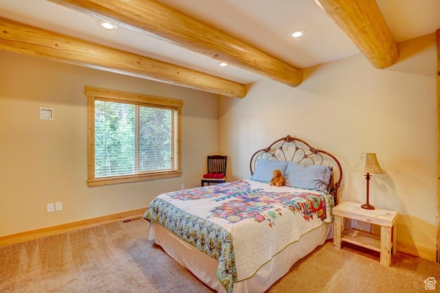 556 N Half Circle Dr, Brian Head, UT 84719 - bedroom with recessed lighting, beam ceiling, and carpet flooring