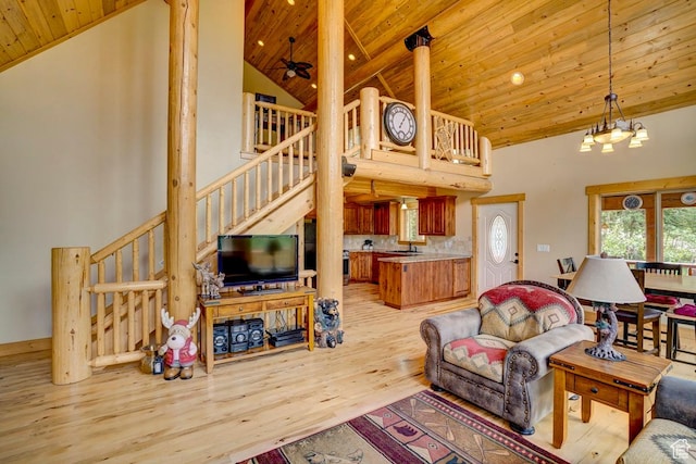 556 N Half Circle Dr, Brian Head, UT 84719 - living room featuring high vaulted ceiling, wooden ceiling, light wood finished floors, and stairs