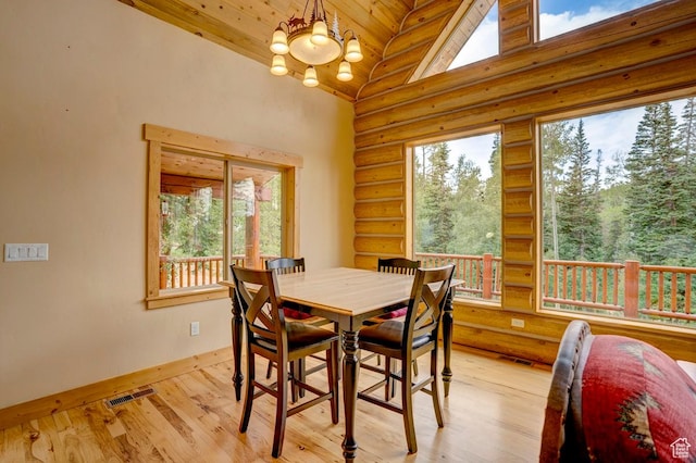 556 N Half Circle Dr, Brian Head, UT 84719 - dining room featuring plenty of natural light, rustic walls, a chandelier, light wood-style floors, and wooden ceiling