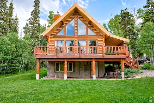 556 N Half Circle Dr, Brian Head, UT 84719 - back of property featuring a wooden deck, a chimney, and a yard