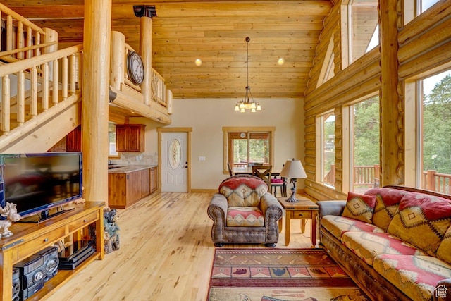 556 N Half Circle Dr, Brian Head, UT 84719 - living area featuring high vaulted ceiling, wood ceiling, a chandelier, and light wood-style flooring