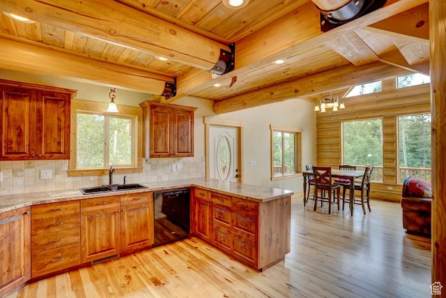 556 N Half Circle Dr, Brian Head, UT 84719 - kitchen with black dishwasher, plenty of natural light, light wood-type flooring, a peninsula, and wooden ceiling