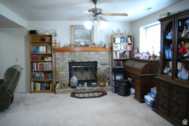 10642 S 1090 E, Sandy, UT 84094 - living area with a ceiling fan, a fireplace, and carpet flooring