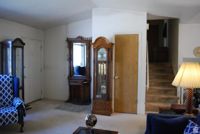 10642 S 1090 E, Sandy, UT 84094 - carpeted living area featuring vaulted ceiling and stairs