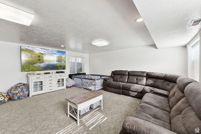 694 E 2350 N, North Ogden, UT 84414 - living room with a textured ceiling, carpet floors, and recessed lighting