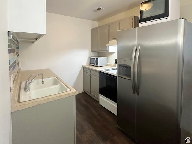 7143 S 2700 W Unit 1, West Jordan, UT 84084 - kitchen featuring stainless steel fridge, electric stove, gray cabinetry, and under cabinet range hood