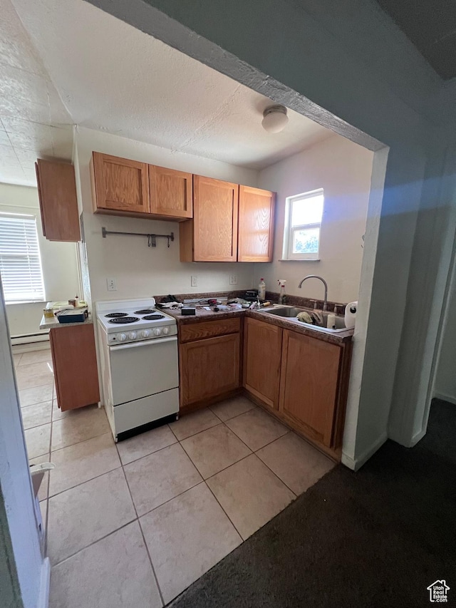 495 E Center St, Pleasant Grove, UT 84062 - kitchen with white electric range, light tile patterned flooring, and baseboard heating