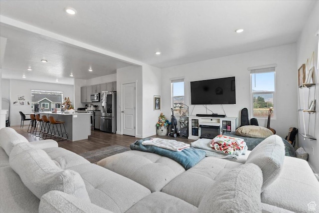 1098 E Vessel Ct, Saratoga Springs, UT 84045 - living area featuring dark wood-style flooring and recessed lighting