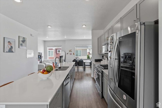 1098 E Vessel Ct, Saratoga Springs, UT 84045 - kitchen featuring appliances with stainless steel finishes, gray cabinetry, an island with sink, light countertops, and dark wood finished floors