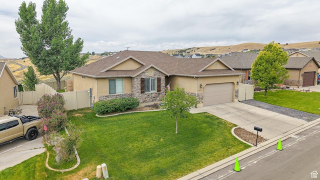 645 Stonebrook Ln, Santaquin, UT 84655 - ranch-style house featuring stucco siding, stone siding, driveway, a garage, and roof with shingles