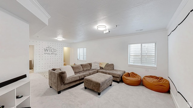 645 Stonebrook Ln, Santaquin, UT 84655 - carpeted living area with ornamental molding, plenty of natural light, and a textured ceiling
