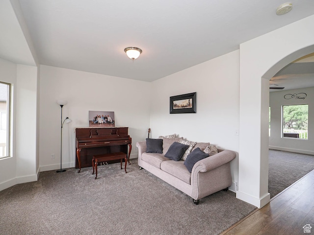 373 N Willow Haven Ave, Lehi, UT 84043 - carpeted living room featuring arched walkways and wood finished floors