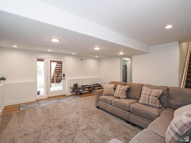 373 N Willow Haven Ave, Lehi, UT 84043 - living area featuring recessed lighting, wood finished floors, and stairway