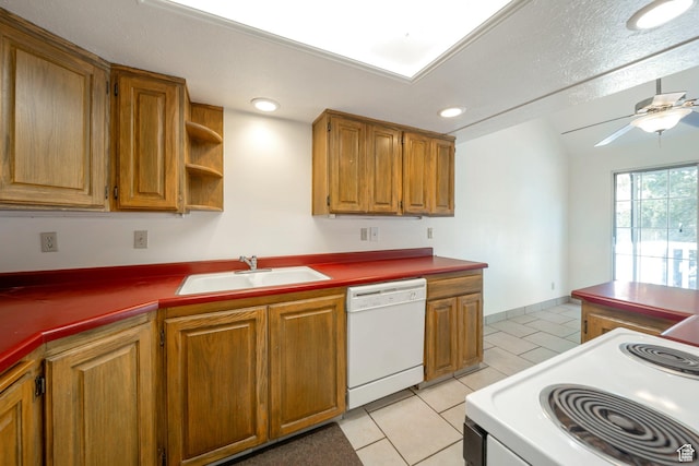 527 Applewood Dr, Bountiful, UT 84010 - kitchen featuring white dishwasher, stove, brown cabinetry, and recessed lighting