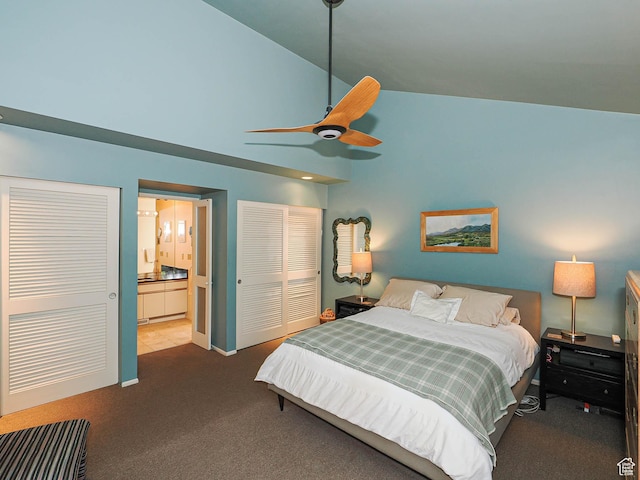 3348 E Splendor Cir, Holladay, UT 84124 - carpeted bedroom with connected bathroom, a closet, a towering ceiling, and a ceiling fan