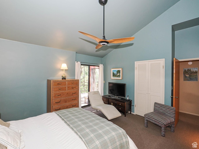 3348 E Splendor Cir, Holladay, UT 84124 - bedroom featuring vaulted ceiling, carpet flooring, access to exterior, a closet, and a ceiling fan