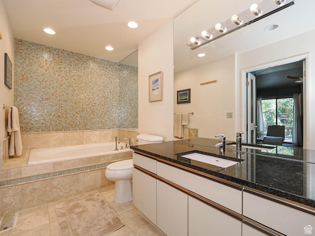 3348 E Splendor Cir, Holladay, UT 84124 - bathroom with tiled bath, vanity, tile patterned floors, and recessed lighting