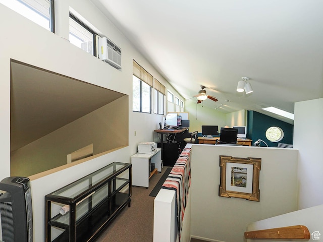 3348 E Splendor Cir, Holladay, UT 84124 - carpeted living room featuring a ceiling fan, an office area, vaulted ceiling, and an AC wall unit