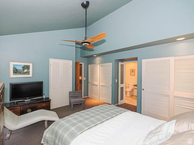 3348 E Splendor Cir, Holladay, UT 84124 - carpeted bedroom featuring multiple closets, high vaulted ceiling, a ceiling fan, and ensuite bathroom