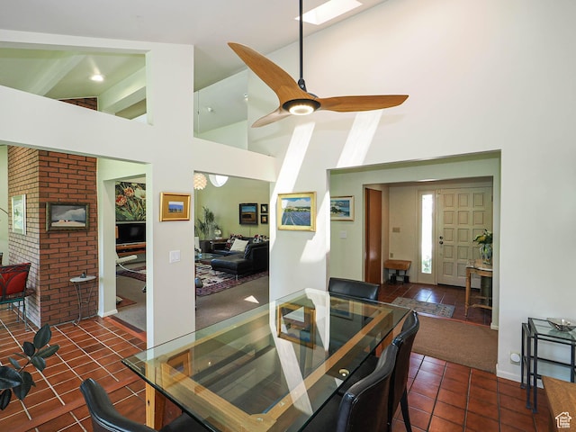 3348 E Splendor Cir, Holladay, UT 84124 - dining space with high vaulted ceiling, tile patterned flooring, and a ceiling fan