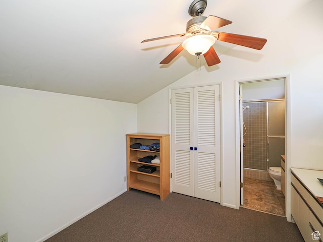 3348 E Splendor Cir, Holladay, UT 84124 - bedroom featuring lofted ceiling, carpet floors, ensuite bath, a closet, and ceiling fan