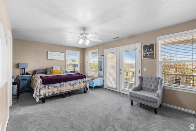 5453 W Mayflower St, West Jordan, UT 84081 - bedroom featuring access to outside, carpet, french doors, a ceiling fan, and a textured ceiling