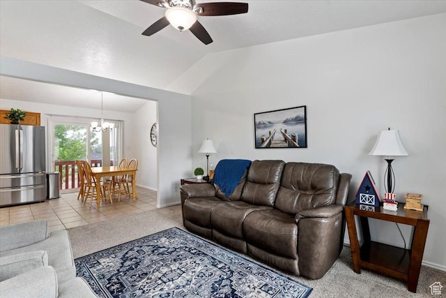 771 N 1725 W, Clinton, UT 84015 - living room featuring a chandelier, vaulted ceiling, a ceiling fan, and light tile patterned flooring
