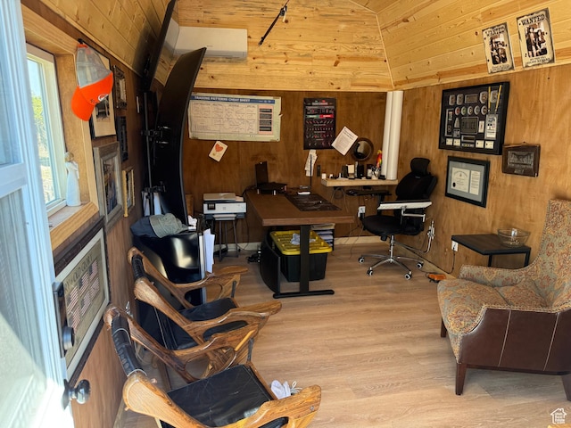 174 W Dawson St, Layton, UT 84041 - office with wood walls, wood finished floors, lofted ceiling, a wall mounted AC, and wood ceiling