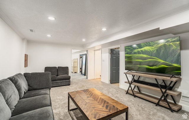 174 W Dawson St, Layton, UT 84041 - living room with light colored carpet, recessed lighting, and crown molding