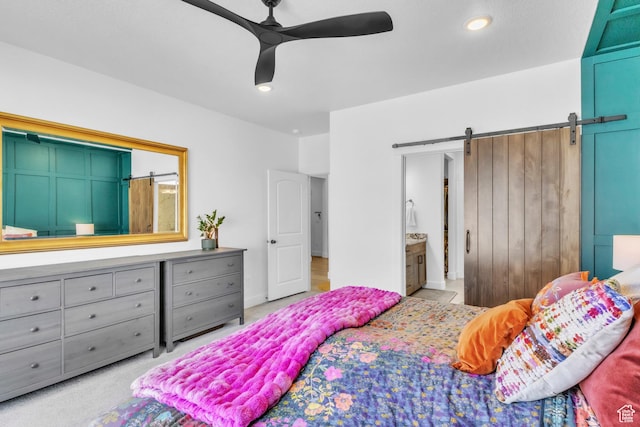 2456 W Maple St, Mapleton, UT 84664 - bedroom featuring a barn door, ensuite bath, a ceiling fan, light carpet, and recessed lighting
