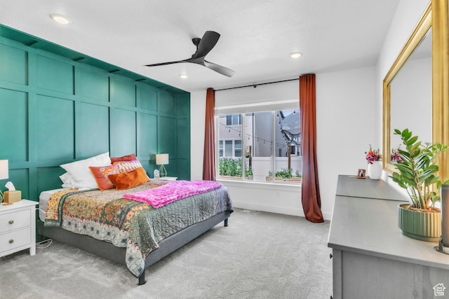2456 W Maple St, Mapleton, UT 84664 - bedroom with light carpet, a decorative wall, recessed lighting, and ceiling fan